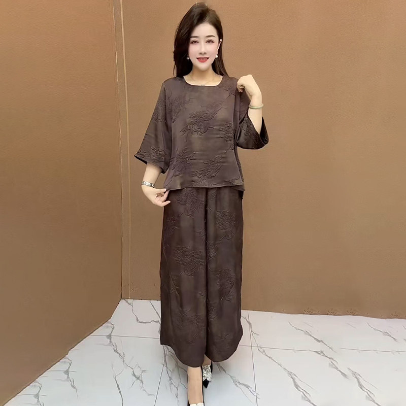 高品质!中年妈妈真丝提花两件套