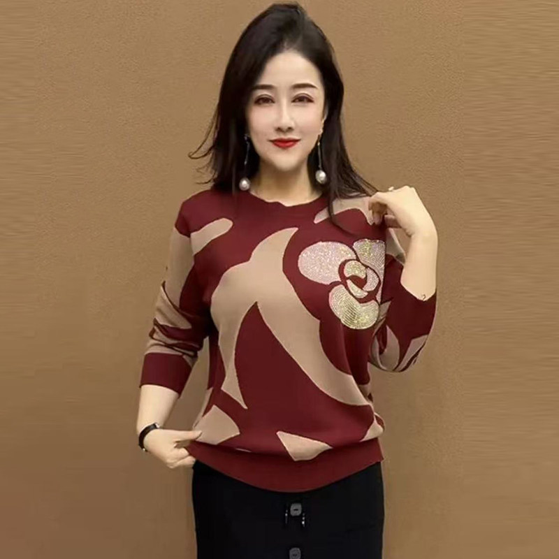 时尚玫瑰花烫钻针织小衫妈妈毛衣