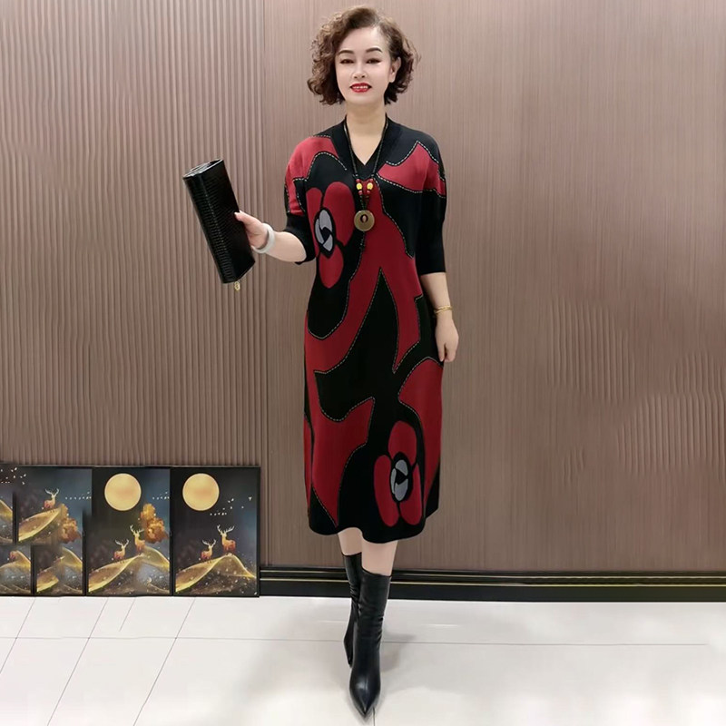 焦麻针织连衣裙妈妈大码打底长裙