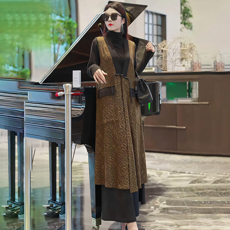 春秋民族风洋气妈妈装中长款过膝连衣裙印花无袖马甲开衫背心风衣