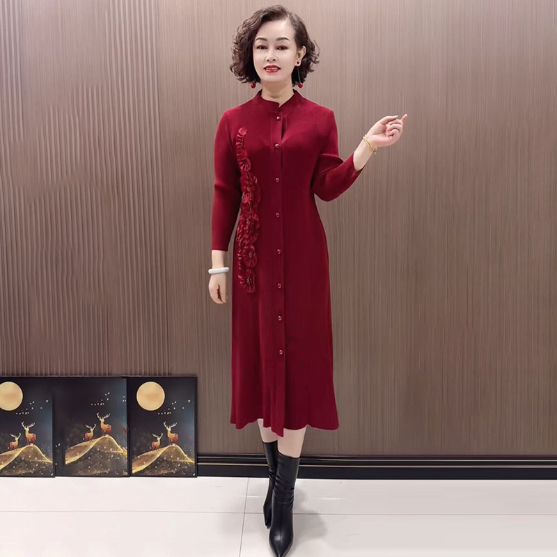 气质妈妈开衫褶皱连衣裙减龄长裙