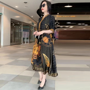 重磅真丝连衣裙2023夏季新款中年妈妈装桑蚕丝提花时尚大码长裙子