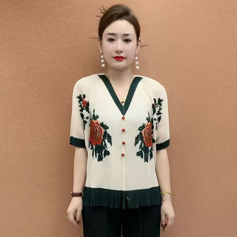 高品质!气质褶皱印花流苏上衣女