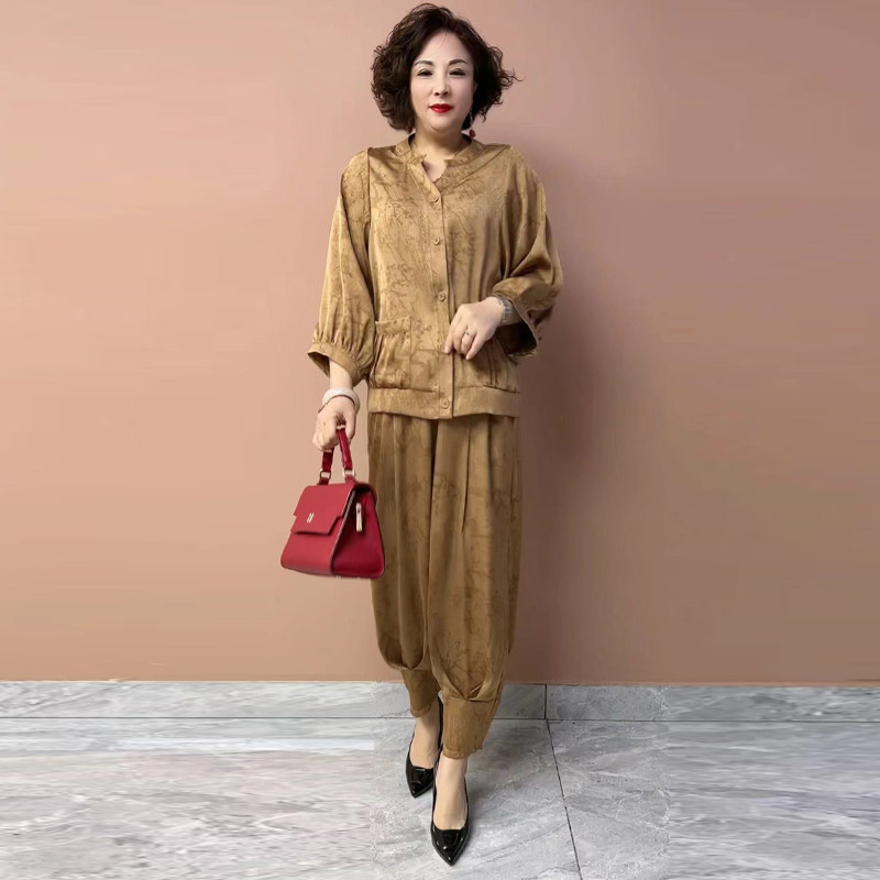 妈妈装夏装新款贵夫人减龄套装女七分袖上衣真丝两件套中老年女装