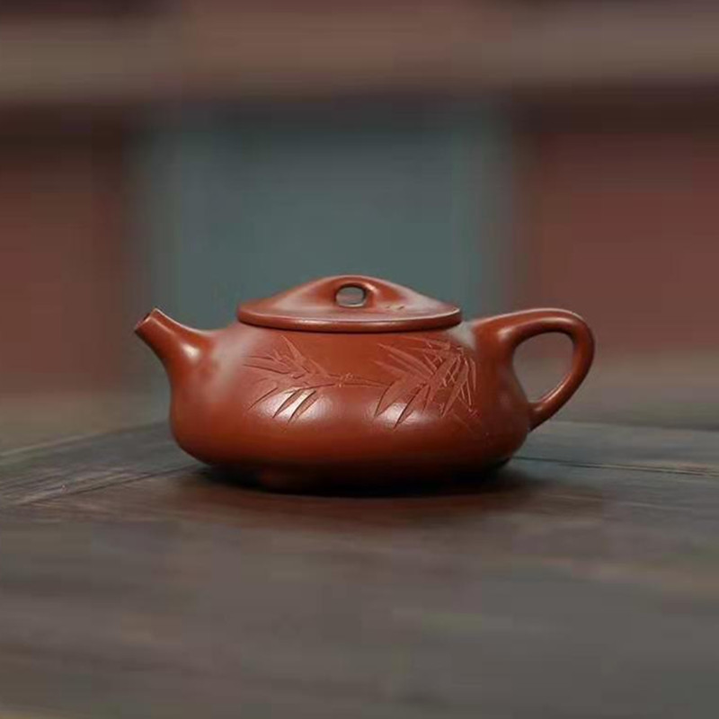 【紫砂茶具】朱泥刻绘景舟石瓢 经典手工石瓢壶 200毫升 14孔出水