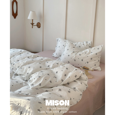 弥生浅灰蝴蝶结双层纱全棉四件套 柔软纯棉床单床笠床上4件套简约