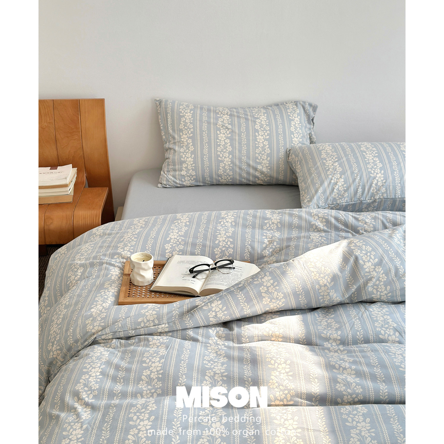 蓝茉莉针织棉全棉四件套 A类纯棉床单床笠款床上4件套复古小碎花