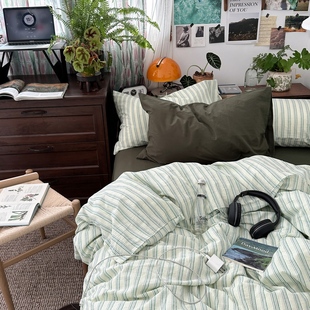 绿紫细条纹水洗棉床上四件套 全棉纯棉床单床笠单人三件套ins简约