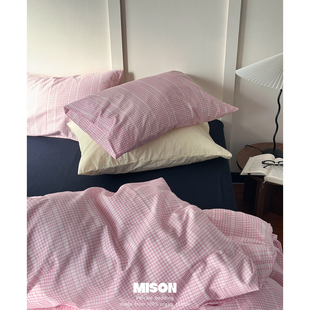 弥生家居小粉格子全棉四件套 纯棉床单床笠床上用品4件套北欧简约