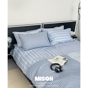 蓝色哥本哈根全棉床上用品四件套 纯棉床单床笠4件套北欧简约条纹