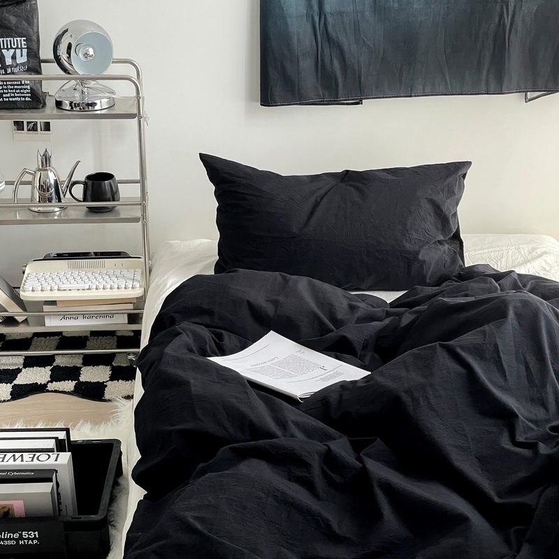 ins简约黑白水洗棉全棉四件套 纯棉床单床笠款宿舍单人床上三件套