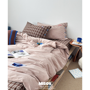 弥生at home卡其水洗棉床上四件套 ins刺绣全棉纯棉床单床笠4件套