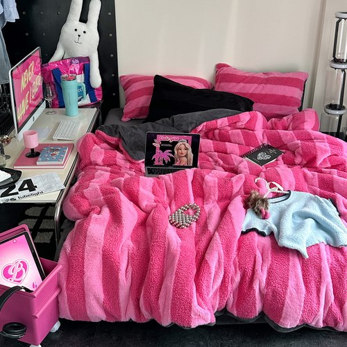 秋冬季保暖四件套牛奶绒条纹简约