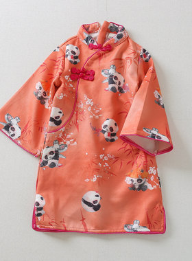 萌系小熊猫可爱女童鹿皮绒长袖改良旗袍儿童中国风汉服连衣裙子