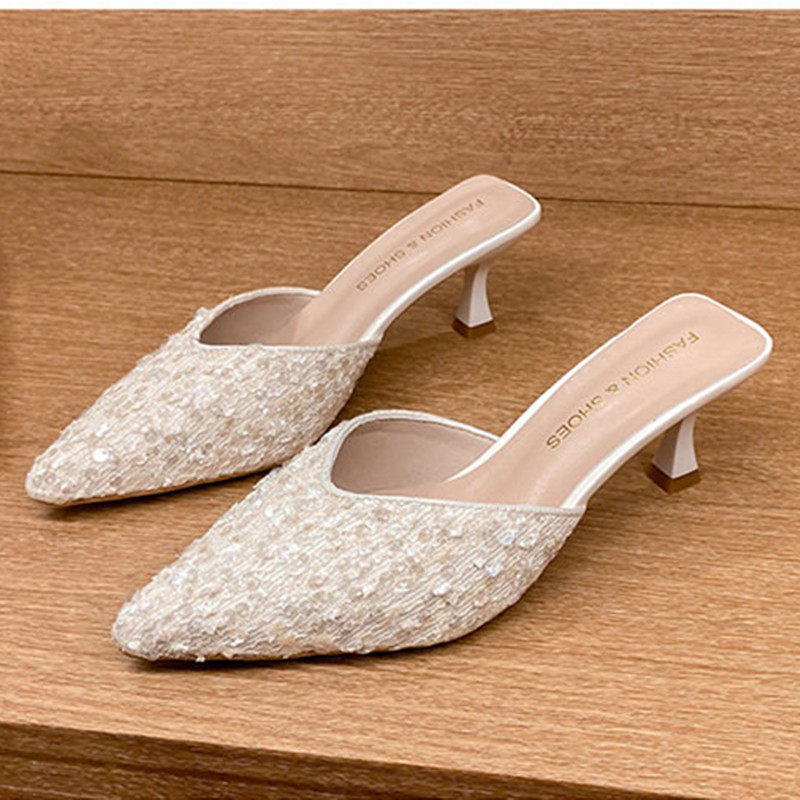 包头半拖鞋女外穿2026年新款尖头高跟鞋女细跟百搭亮片时尚穆勒鞋,女鞋,其他拖鞋,淘宝优惠券,粉丝福利购,淘宝优惠卷