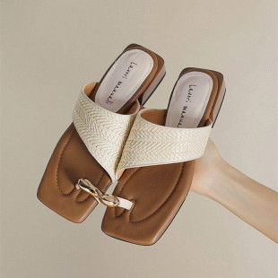 拖鞋 法式 2026高颜值夹趾海边方头配裙子沙滩鞋 粗跟凉鞋 女 外穿夏季