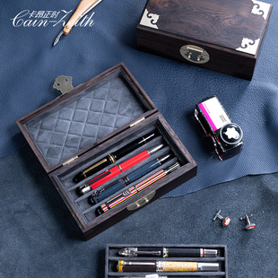 紫光檀实木笔盒镶嵌蛇纹木钢笔收纳盒可放大笔防震软体内槽笔收藏