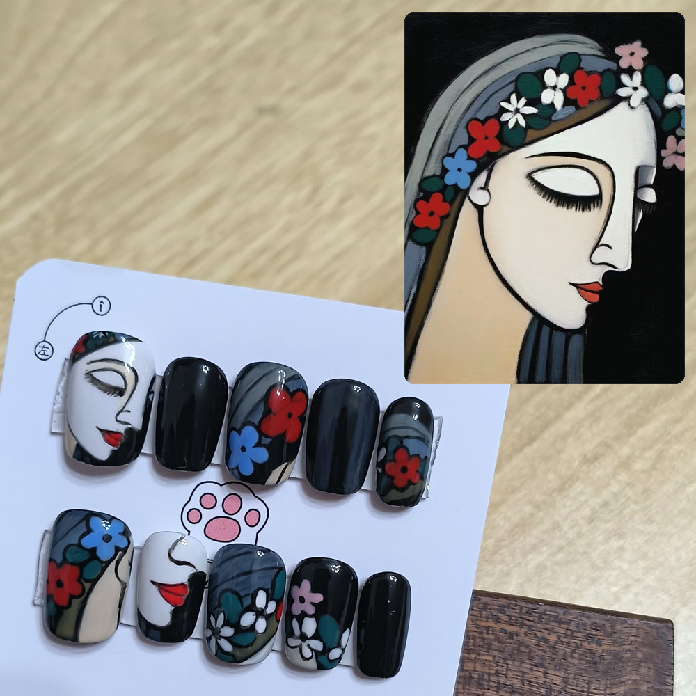 纯手绘穿戴甲毕加索油画名人画像人物小众彩绘手工美甲穿戴甲