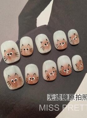 手绘可爱小猫咪短款美甲穿戴甲