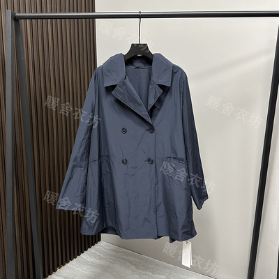 菲玛掂221711藏蓝色风衣女中长款大衣翻领双排扣宽松长袖外套