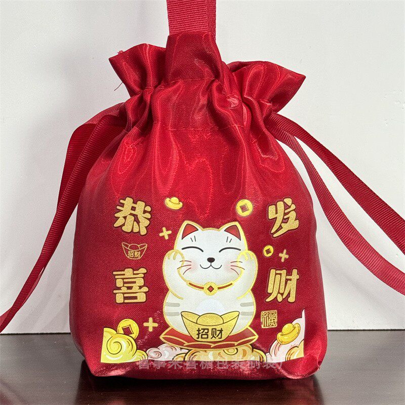 酒红色恭喜发财束口袋卡通财神糖果袋过年新年糖果礼物礼品袋