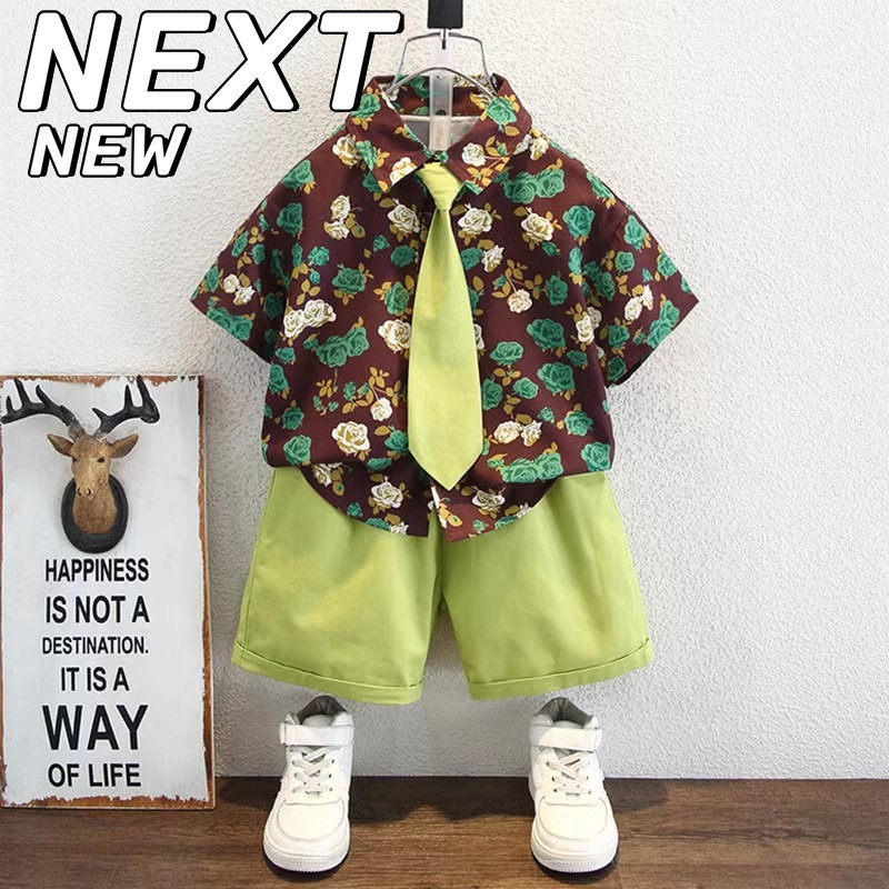 英国Next New童装男童短袖衬衫套装港风碎花夏儿童衬衣短裤两件套