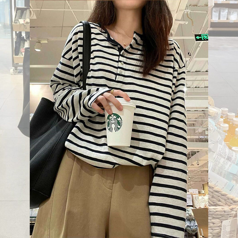 宽松慵懒风条纹T恤女早秋穿搭韩系chic别致高级感松弛感长袖上衣