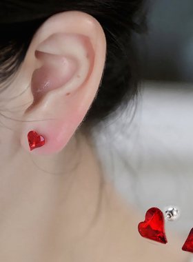 红色爱心超显肤色通体纯银耳钉螺丝扣幻彩shi华洛水晶宝石镶嵌ins