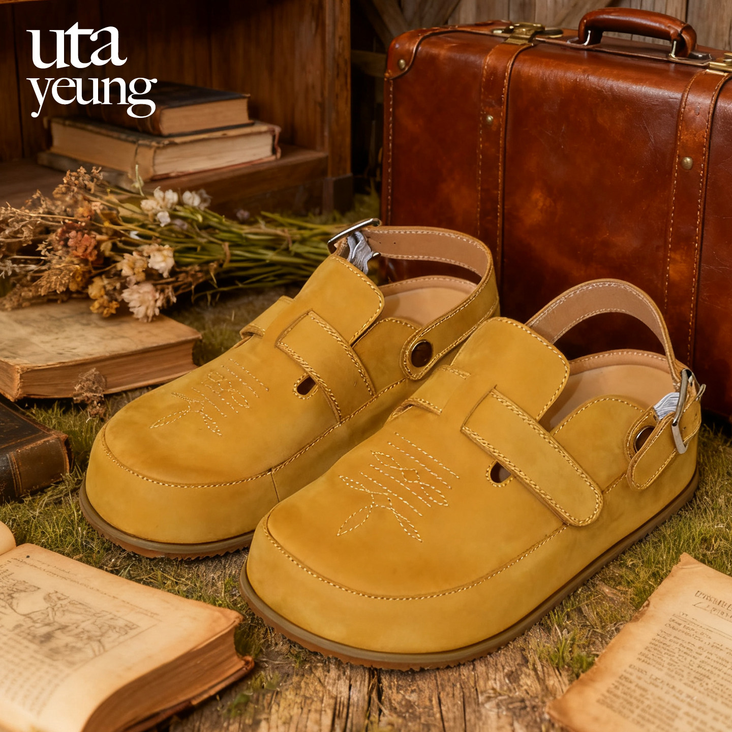 uta 磨砂刺绣包头半拖 巴恩风费尔岛原创设计师真皮手工两穿女鞋