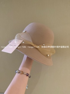 GingerM 100%绵羊毛手缝钻饰盆帽贵气网纱设计千金名媛优雅冬礼帽