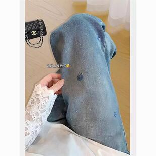 玫瑰刺绣阔腿八九分小个子牛仔裤女春季大码胖mm高腰烫钻直筒长裤