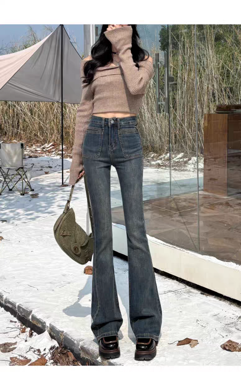 八分九分小个子微喇叭裤女春夏新款设计感弹力辣妹阔腿牛仔长裤女