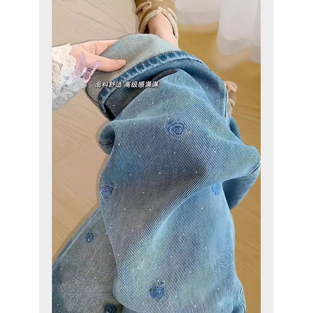 八九分小个子窄版阔腿牛仔裤女春夏大码胖mm高腰烫钻直筒拖地长裤
