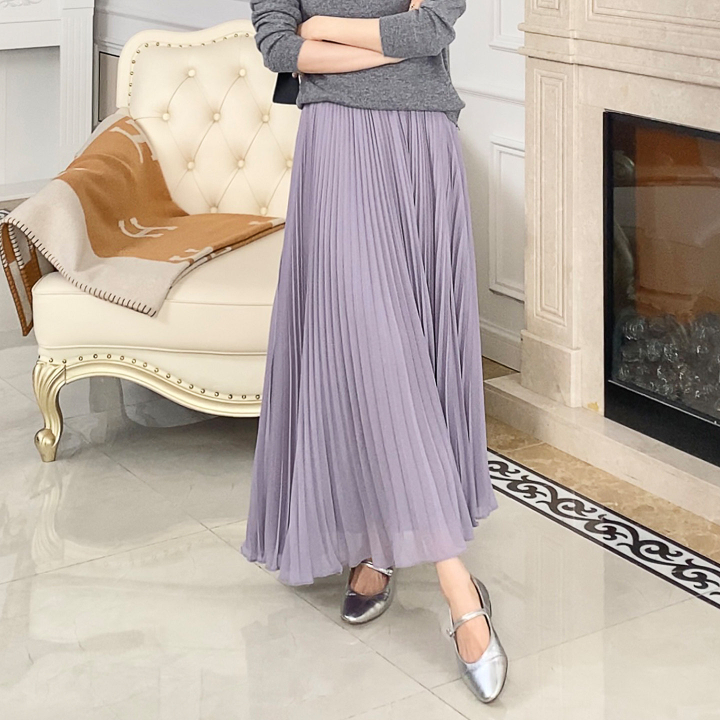 大洪洪【风中舞】春新款雪纺高腰A字半裙女松紧腰时尚百搭百褶裙