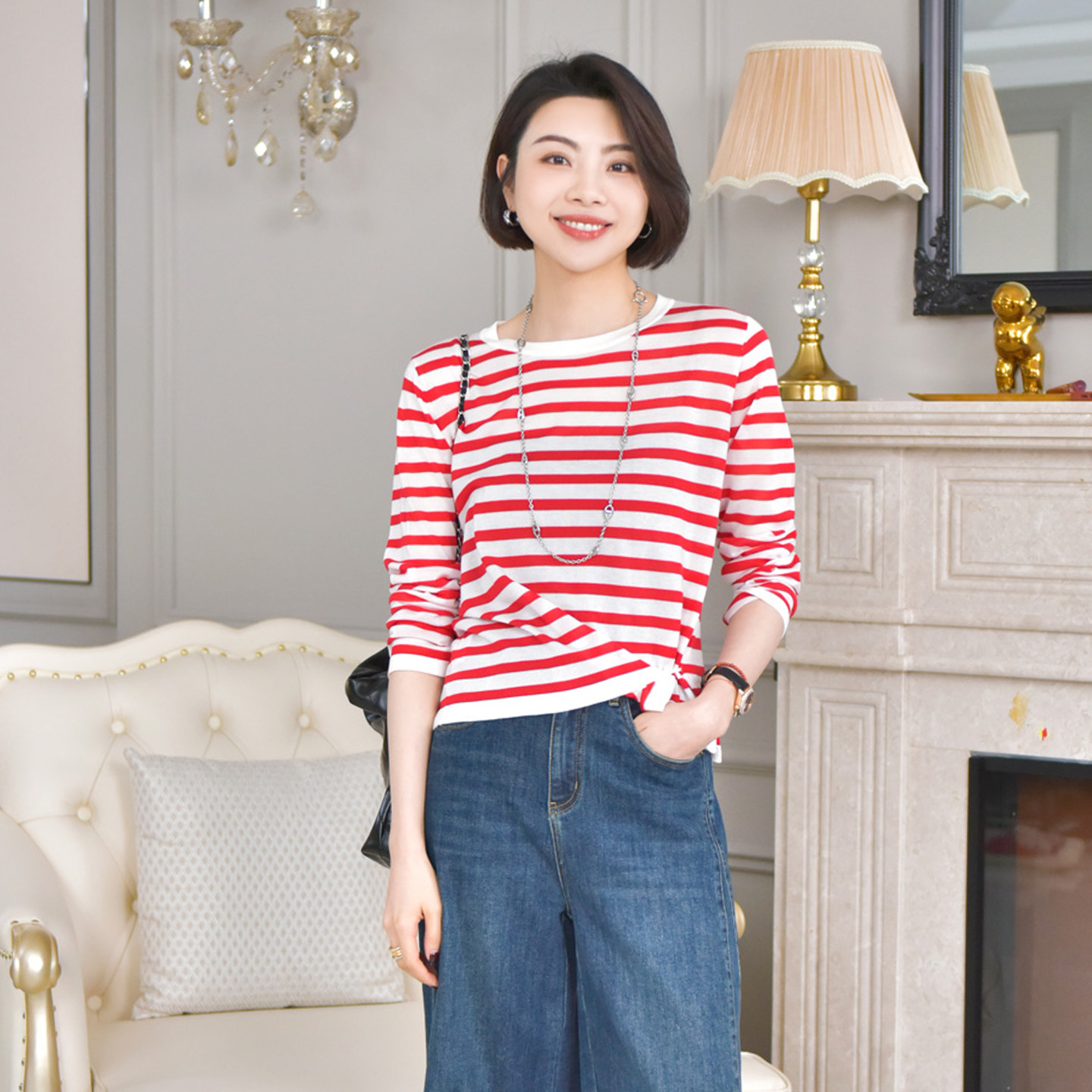 大洪洪【假日晚风】春季款薄款条纹针织衫女不规则下摆设计感上衣