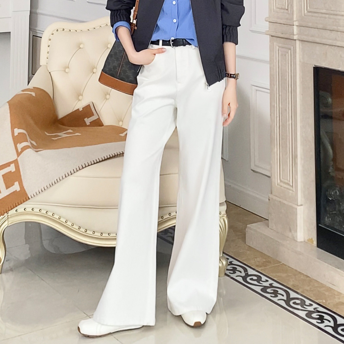 大洪洪【白云梦境】春季款白色牛仔裤女小个子高腰显瘦微喇直筒裤