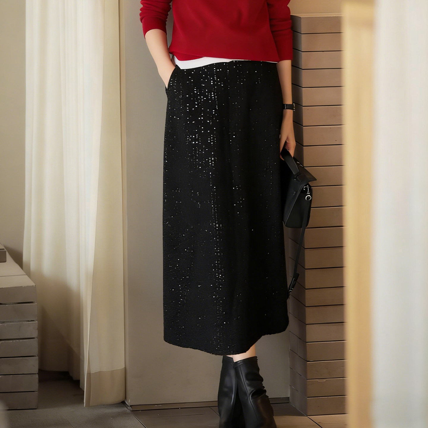 大洪洪【璀璨女神】冬款高腰显瘦A字裙女亮片点缀垂感优雅半身裙,女装/女士精品,半身裙,淘宝优惠券,粉丝福利购,淘宝优惠卷