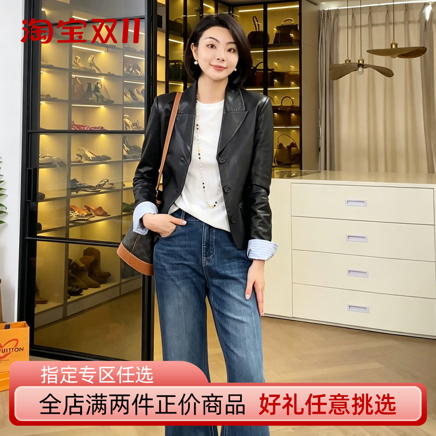 大洪洪【浅滩】秋款显瘦圆领长袖T恤女撞色袖口设计感打底上衣