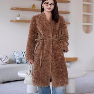 2024新款颗粒羊剪绒高端皮草外套羊羔毛皮毛一体外套腰带款大衣女