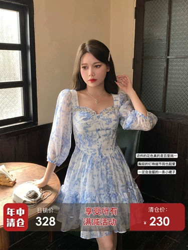 Весеннее летнее короткое платье, квадратный вырез, цветочный принт, А-силуэт