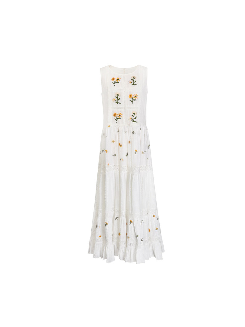 White sleeveless floral midi dress on a plain background