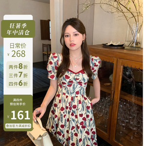DALU  夏季玫瑰印花连衣裙女韩版高腰泡泡短袖中长款A字裙长裙