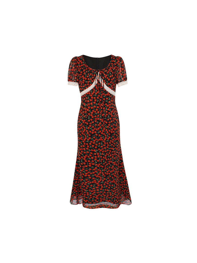 Black cherry-print midi dress with short sleeves and lace trim on a white background
