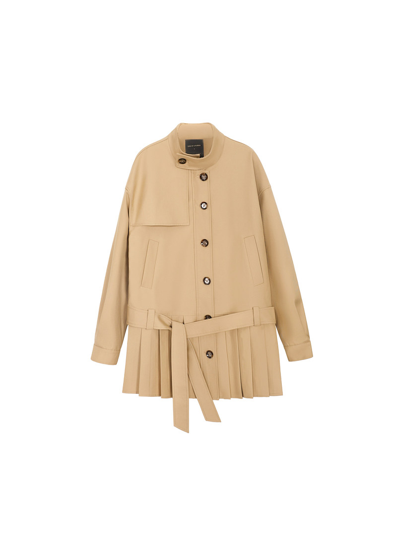 Beige belted button-up coat with pleated hem on a white background