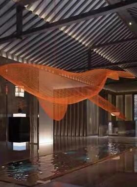定制大型不锈钢镂空鲸鱼雕塑酒店会场网格编织海洋动物悬挂装饰品