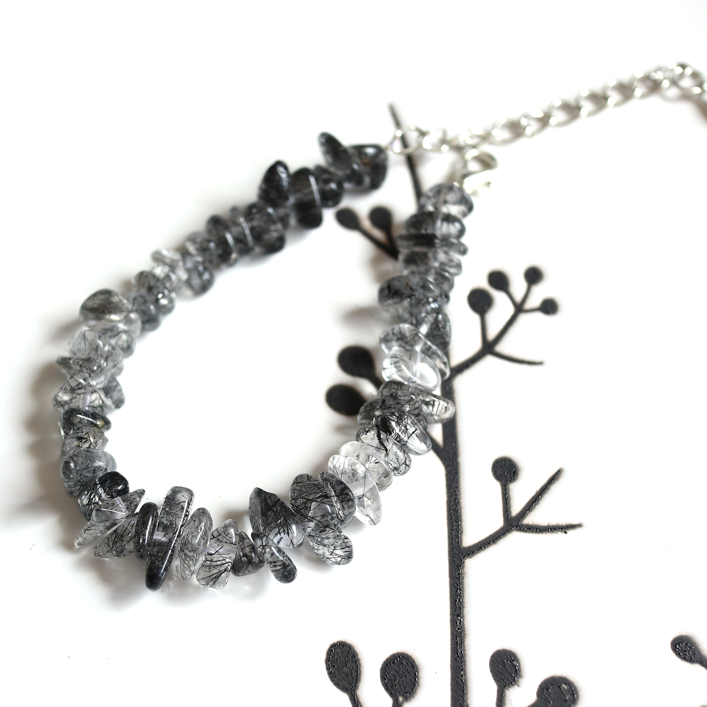 天然黑发晶碎石手链可直接佩戴带延长链 发丝通透发丝多山水墨画