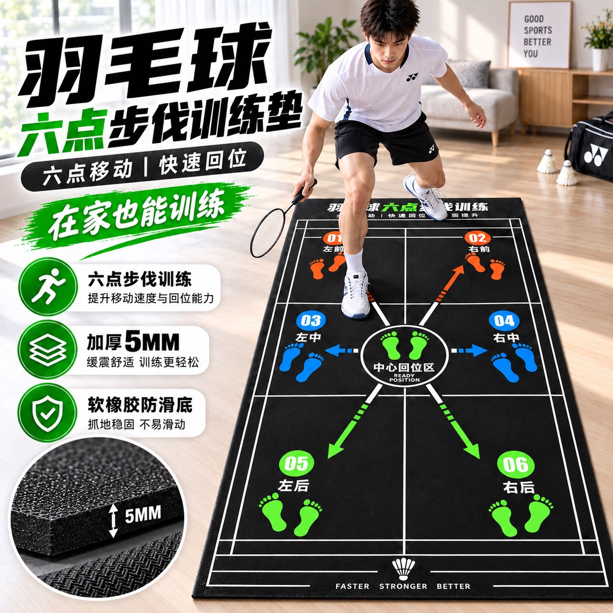 家用羽毛球六点步伐训练垫加厚防滑运动健身瑜伽垫隔音垫训练专用