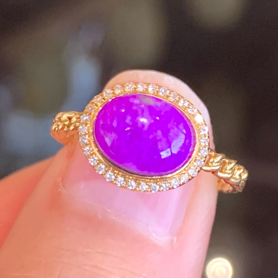 天然舒俱来戒指冰透红艳紫樱花料18k金钻石镶嵌