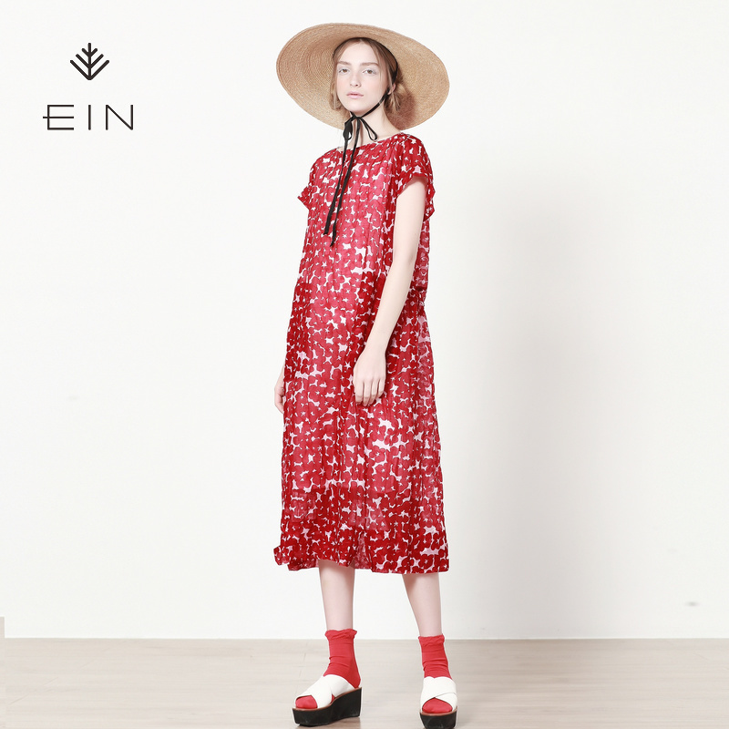 EIN言紅色亞麻桑蠶絲波點真絲連衣裙中長款寬松裙子夏女2018新款