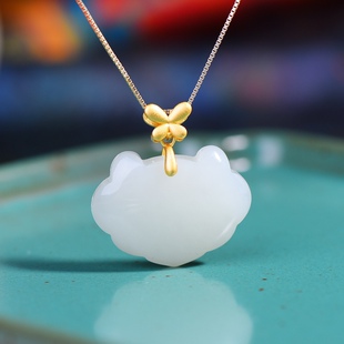 古法银镶嵌和田玉祥云锁吊坠项链女金色锁骨链高级小众轻奢玉颈饰